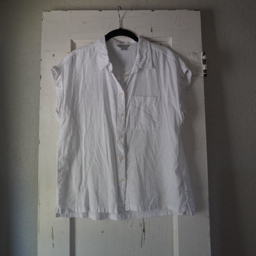 Orvis White Linen Button Down Shirt Cuffed Short Sleeve Pocket Blouse - Picture 2 of 8